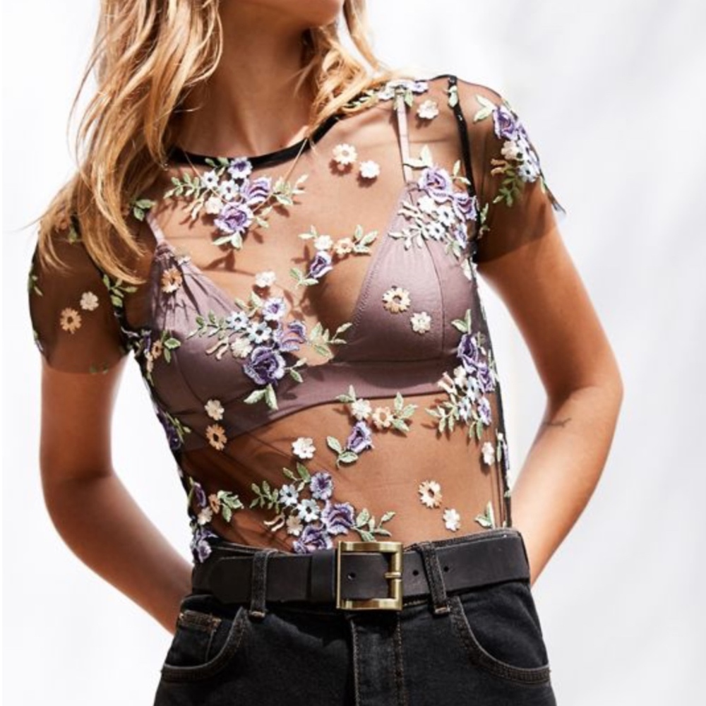 Embroidered Sheer Short Sleeve Tee Black Top